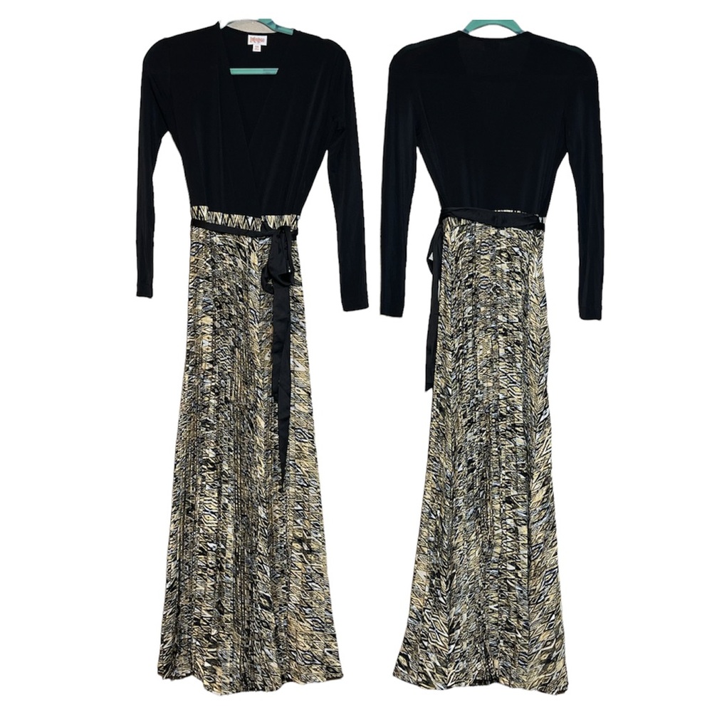 NWT LuLaRoe XXS DEANNE Dress Solid Black Top Cream & Gold Aztec Pleated Skirt